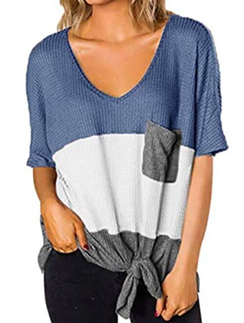 SAMPEEL Womens Casual Tops V-Neck Short Sleeve T Shirts Tie Knot Waffle Knit Tunic Tops