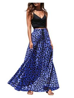 Womens Maxi Skirt Leopard Print Chiffon Beach Pleated High Waisted A-Line Long Skirts