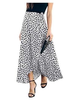Womens Maxi Skirt Leopard Print Chiffon Beach Pleated High Waisted A-Line Long Skirts