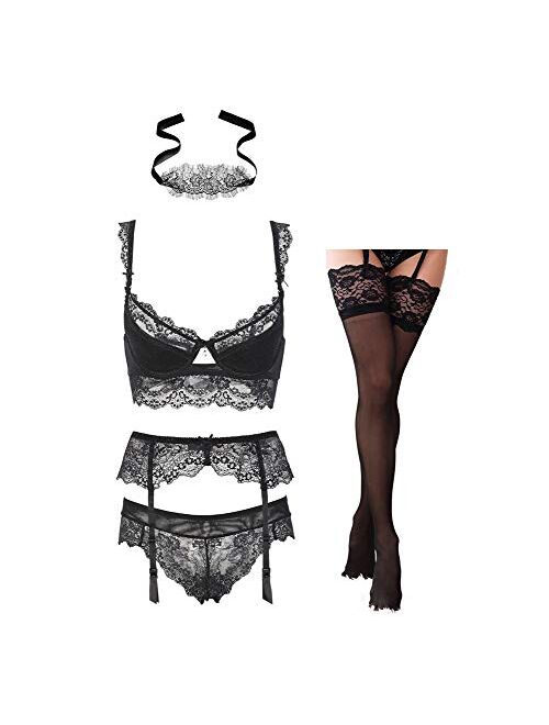 Women Push Up Lace Bras Set Lace Lingerie Bra and Panties and Socks and eyeshade 5 Piece