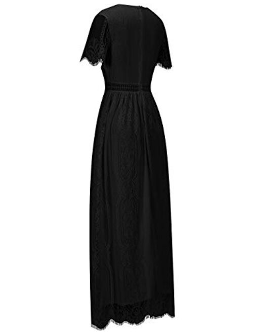 Ecosunny Deep V Neck Short Sleeve Floral Lace Bridesmaid Maxi Dress Party Gown