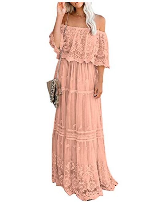 AZOKOE Women Deep V Neck Short Sleeve Floral Lace Bridesmaid Maxi Dress Cocktail Party Evening Gown 