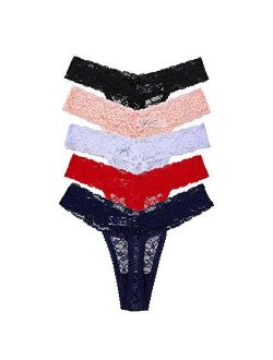 5-Pack Women's Thin Lace Hollowed-Out T-Back Low Waist Ice Silk Sexy Cheeky Thong See-Through Panties