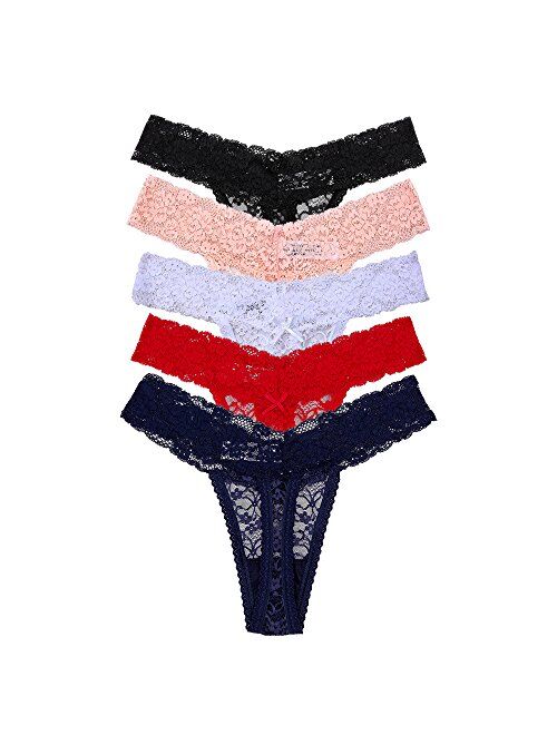 5-Pack Women's Thin Lace Hollowed-Out T-Back Low Waist Ice Silk Sexy Cheeky Thong See-Through Panties