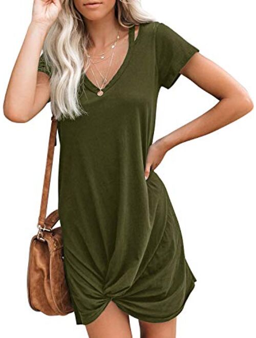 Berryou Women's Casual Short Sleeve V Neck Front Knot Twist Tie T Shirt Dress