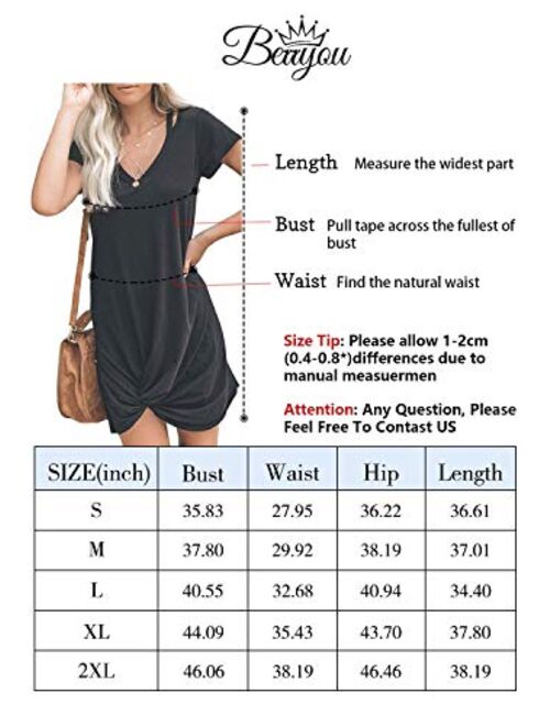 Berryou Women's Casual Short Sleeve V Neck Front Knot Twist Tie T Shirt Dress
