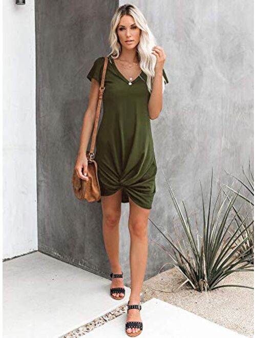 Berryou Women's Casual Short Sleeve V Neck Front Knot Twist Tie T Shirt Dress