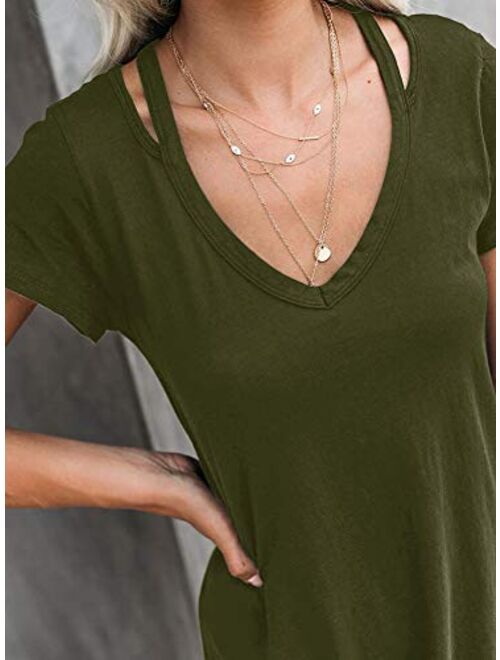 Berryou Women's Casual Short Sleeve V Neck Front Knot Twist Tie T Shirt Dress