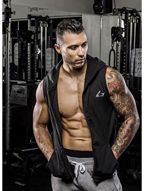 PAIZH Men's Sleeveless Workout Hoodie Zip-up Vests Gym Bodybuilding Lifting Tank Tops