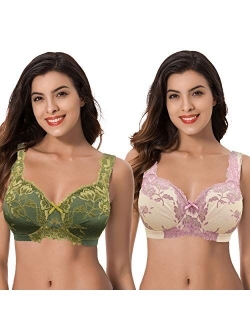 Curve Muse Women's Plus Size Minimizer Unlined Wireless Lace Full Coverage Bras