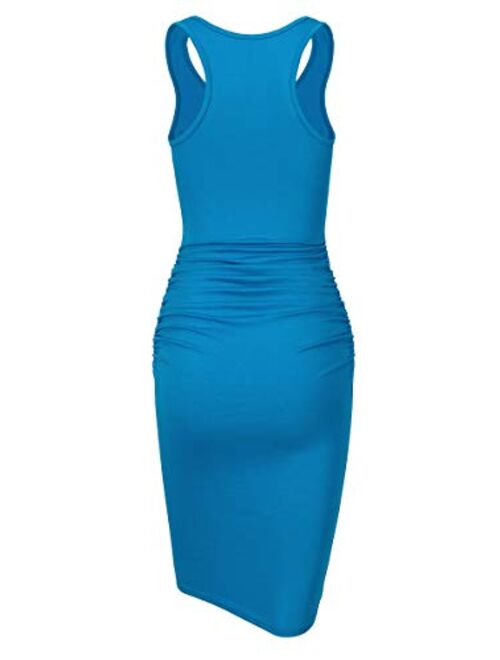 Missufe Women's Sleeveless Racerback Tank Ruched Bodycon Sundress Midi Fitted Casual Dress