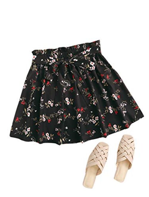 SheIn Women's Summer Floral Print Self Belted A Line Flared Skater Short Skirt