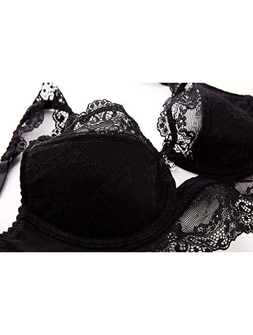Womens Sexy Embroidery Lace Plunge Push Up Bra Set Underwear and Panties Set