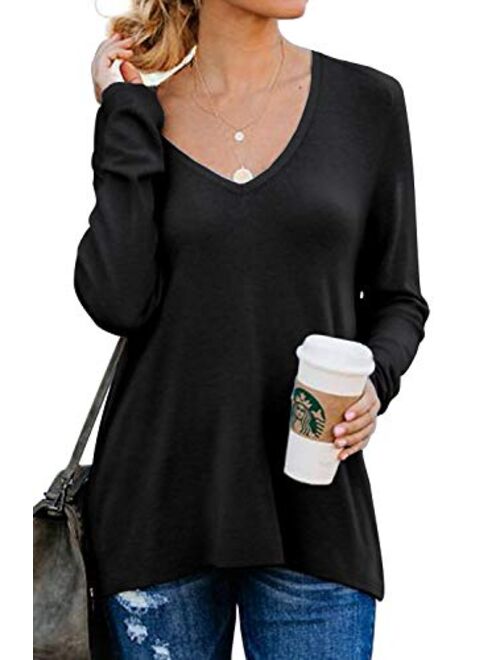 PrinStory Women's Causal V-Neck Soft Raglan Long Sleeves Sweatshirts Tops Basic T-Shirt Split Blouse with Side Zipper