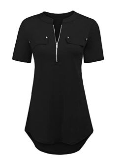 LuckyMore Women's Short Sleeve Zip Flowy Tunic Tops Business Casual Work Office Blouses Shirts