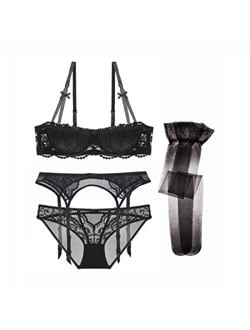 Women Push Up Bras Set Lace Lingerie Bra and Panties and Garter and Stocking 4pcs