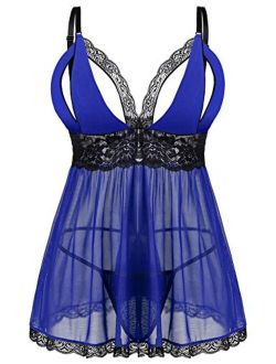 Donnalla Women's Sexy Plus Size Lingerie - Split Cup Lace Babydoll Sleepwear Chemise Set 2XL,3XL,4XL