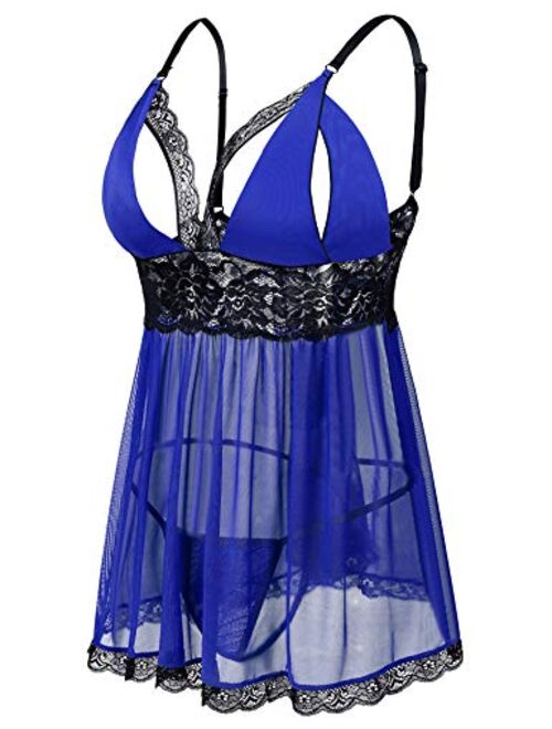 Donnalla Women's Sexy Plus Size Lingerie - Split Cup Lace Babydoll Sleepwear Chemise Set 2XL,3XL,4XL