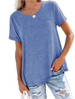 Bingerlily Women's Roll Up Short Sleeve T Shirts Summer Crew Neck Tops Loose Causal Tees with Pocket