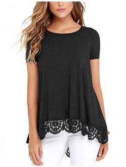 RAGEMALL Women's Tops Long Sleeve Lace Trim O-Neck A-Line Tunic Blouse Tops for Women