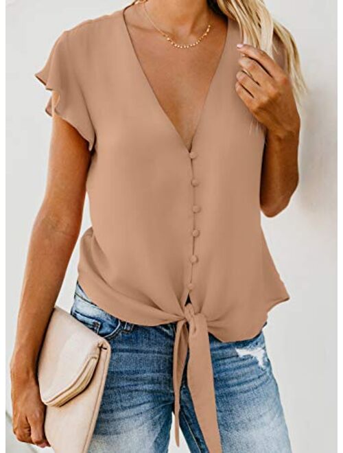 HOTAPEI Womens Summer Deep V Neck Flutter Sleeve Button Down Front Tie Casual Tops Shirts and Blouses