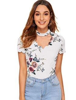 Women's Scalloped Cut Out V Neck Short Sleeve Sexy Tee Tops