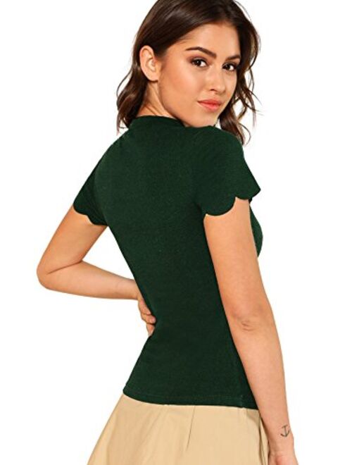 Romwe Women's Scalloped Cut Out V Neck Short Sleeve Sexy Tee Tops