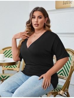 IN'VOLAND Womens Plus Size Tops V Neck Wrap Short Sleeve Shirts Casual Loose Dolman Top Tunic Blouses
