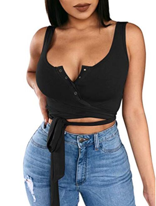LAGSHIAN Women's Sexy Summer Button Sleeveless Tank Strappy Casual Basic Crop Top