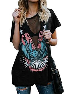 Womens Short Sleeve Graphic Tees Distressed Hawk Print Mesh V Neck Loose Sexy T-Shirt Tops Blouse