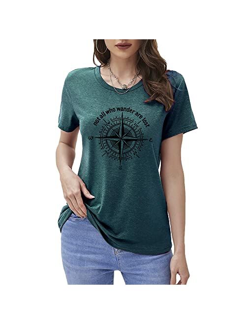 Womens Not All Who Wander are Lost T-Shirt Workout Shirts Summer Funny Letters Compass Graphic Casual Tops Athletic Tee