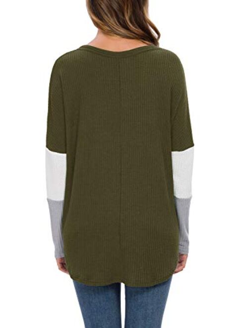IWOLLENCE Womens Waffle Knit Tunic Blouse Tie Knot Long Sleeve Henley Tops Triple Color Block T-Shirt