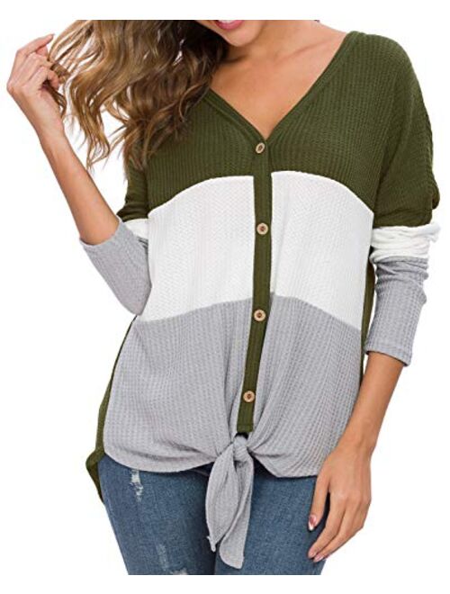 IWOLLENCE Womens Waffle Knit Tunic Blouse Tie Knot Long Sleeve Henley Tops Triple Color Block T-Shirt