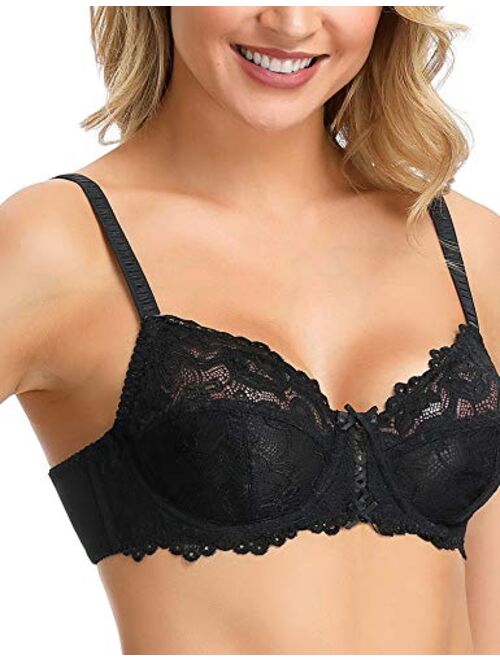 Wingslove Women's Full Coverage Non-Padded Balconette Bra Floral Lace Underwire Bra Soft Cup