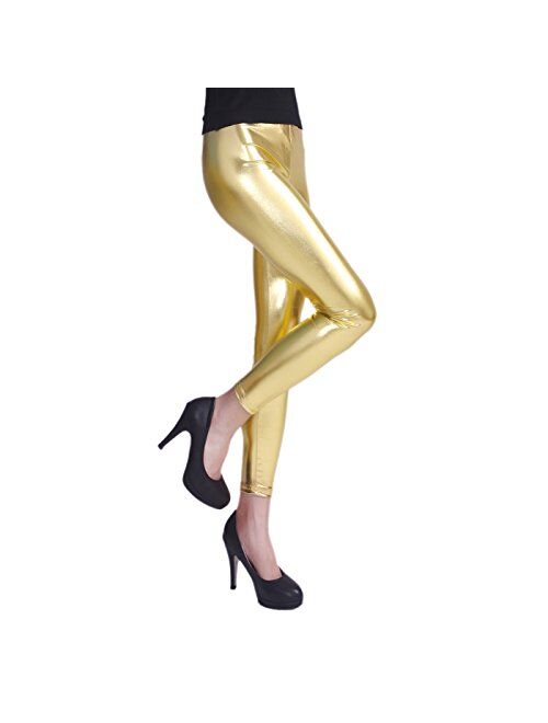 HDE Womens Shiny Metallic Leggings Liquid Wet Look Bottoms - Regular Plus Sizes