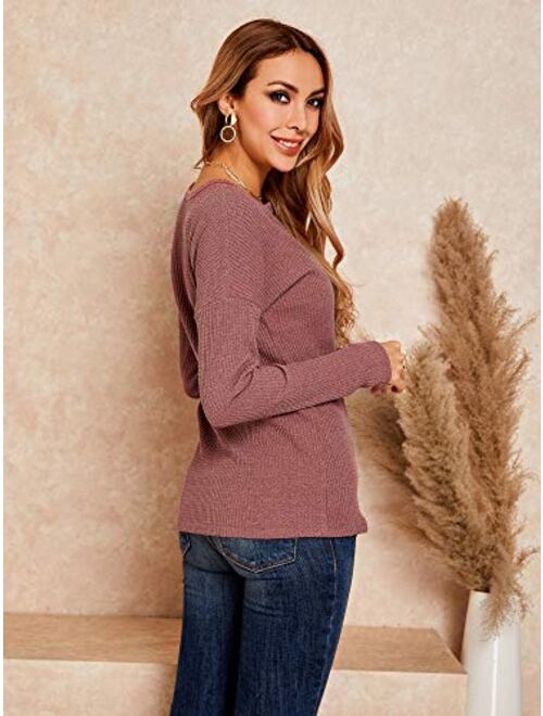 Womens Henley Shirts V Neck Long Sleeve Button Down Tops Warm Waffle Knit Tees