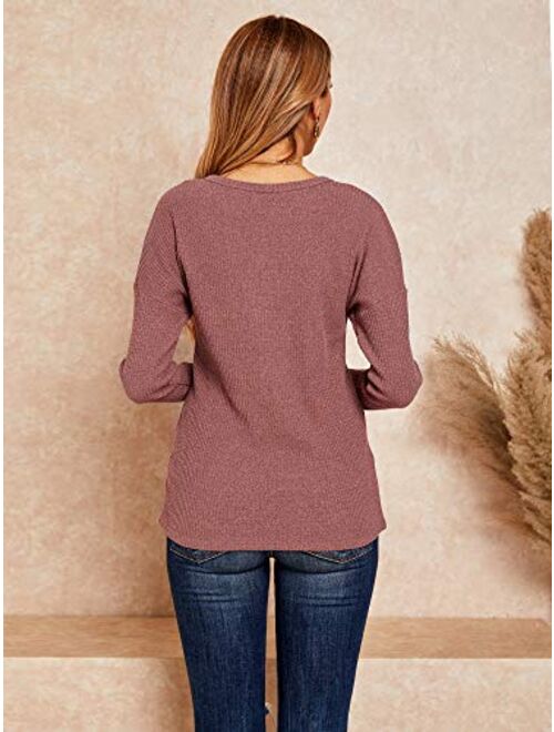 Womens Henley Shirts V Neck Long Sleeve Button Down Tops Warm Waffle Knit Tees
