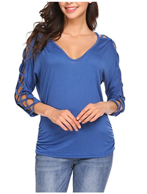 ELESOL Women V Neck Cut Out Shirts 3/4 Sleeve Cold Shoulder Open Back Blouse Tops S-XXL