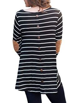 For G and PL Women Stripe Elbow Patch Button Down Back Tunic Tops