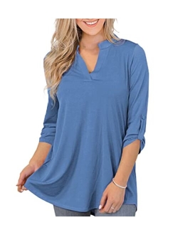 Othyroce Womens Floral Printed Tunic Tops 3/4 Roll Sleeve V Neck Blouses Long Sleeve Shirts for Women