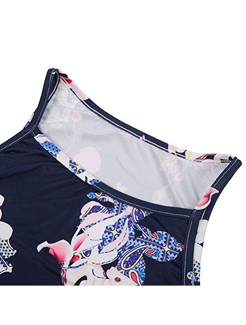 WLLW Women Crew Neck Sleeveless Floral Print Shirt Tops Tee Tanks Camis