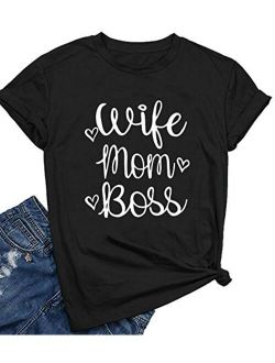 BLACKOO Women Wife Mom Boss Graphic Funny T Shirts Cute Tees