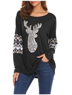 Qearal Womens Casual Long Sleeve Christmas Reindeer Sequin T Shirt Blouse Tops