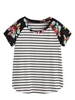 Women's Floral Print Short Sleeve Tops Striped Casual Blouses T Shirt