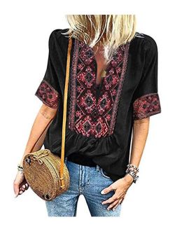 Mansy Women's Summer V Neck Boho Print Embroidered Shirts Short Sleeve Casual Tops Blouse