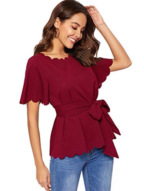 Romwe Women's Bow Self Tie Scalloped Cut Out Short Sleeve Elegant Office Work Tunic Blouse Top