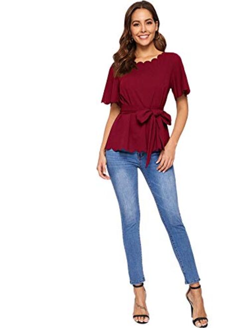 Romwe Women's Bow Self Tie Scalloped Cut Out Short Sleeve Elegant Office Work Tunic Blouse Top