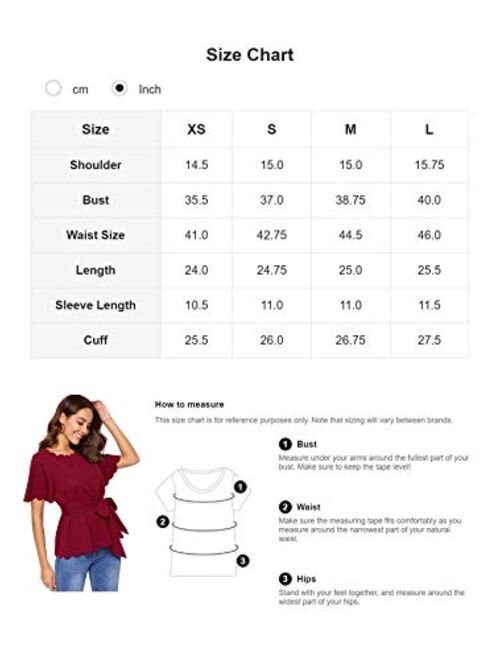 Romwe Women's Bow Self Tie Scalloped Cut Out Short Sleeve Elegant Office Work Tunic Blouse Top
