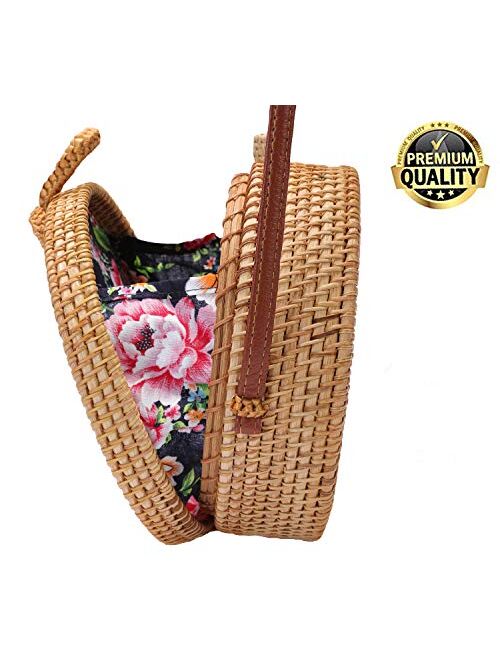 Handwoven Round Rattan Bag Shoulder Leather Straps Natural Chic Hand