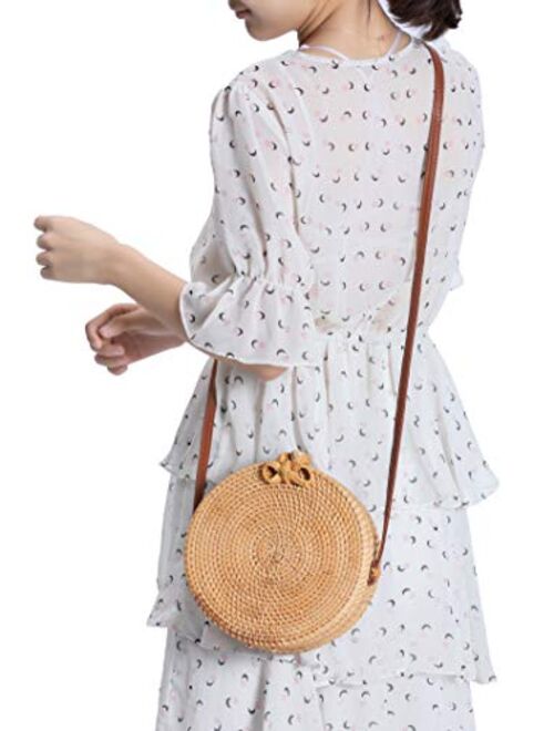 Handwoven Round Rattan Bag Shoulder Leather Straps Natural Chic Hand